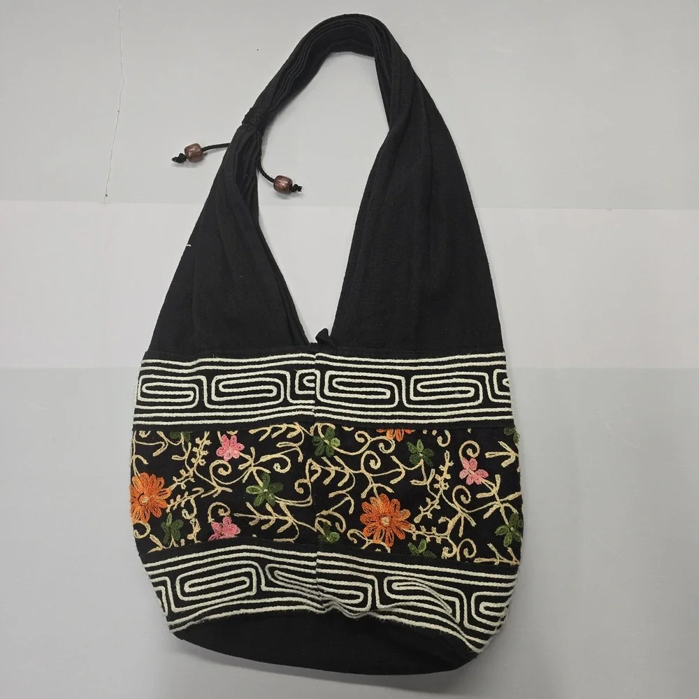 Vintage Retro Black Cotton Embroidered Floral Boho Hobo Sling Bag Wood Button - Picture 2 of 5